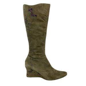 Donald J Pliner Boots Womens Sz 8 Leather Suede Embroidered Wedge Knee High